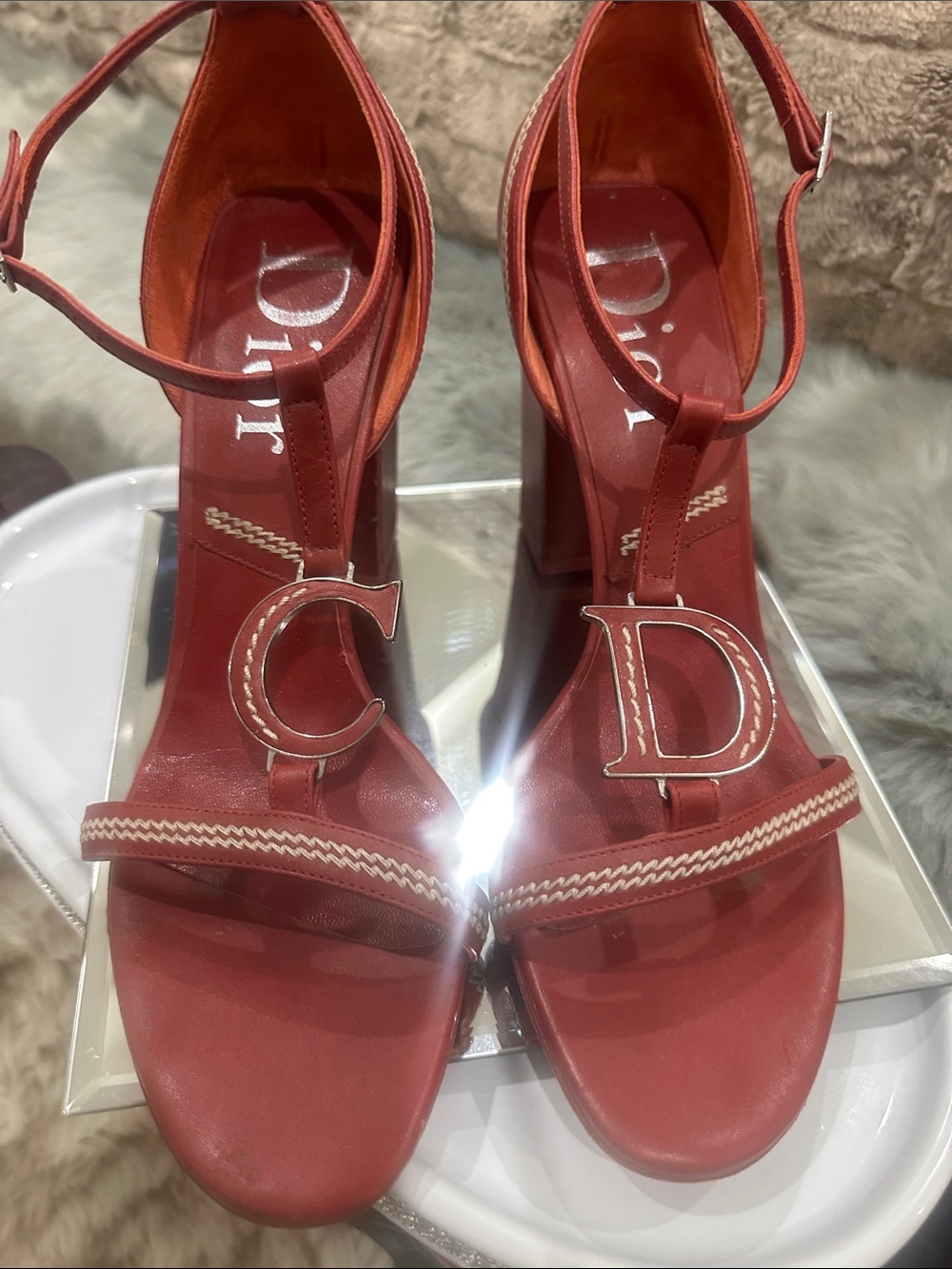 RARE DIOR C D logo Red T-Strap Block Heel dress shoes with white stitching 4’